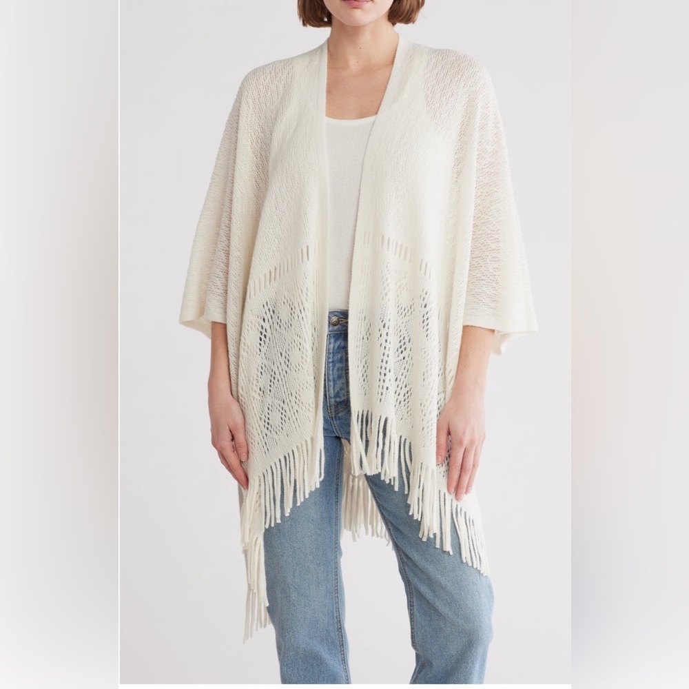 NEW! Vince Camuto Ivory Knit Kimono, Overlay Wrap with Fringe OSFM